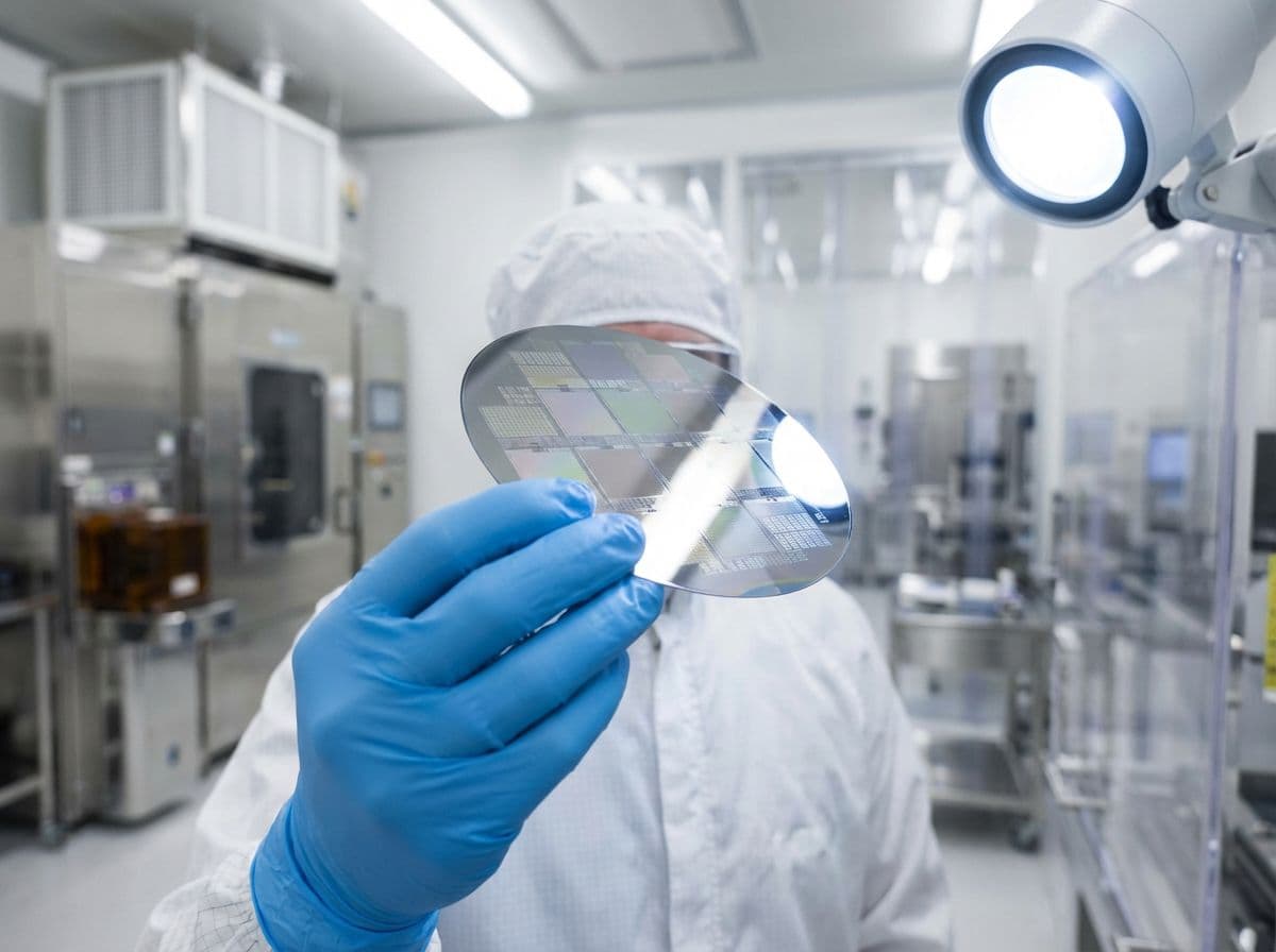 Technician inspecting silicon wafer in particle-free cleanroom