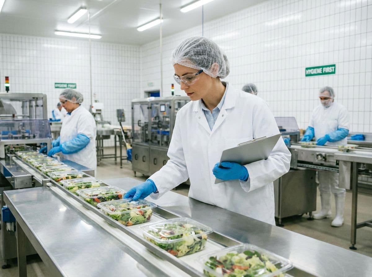Food safety inspector examining products on production line