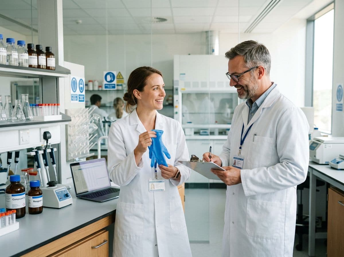 QA professionals discussing glove sample in R&D laboratory